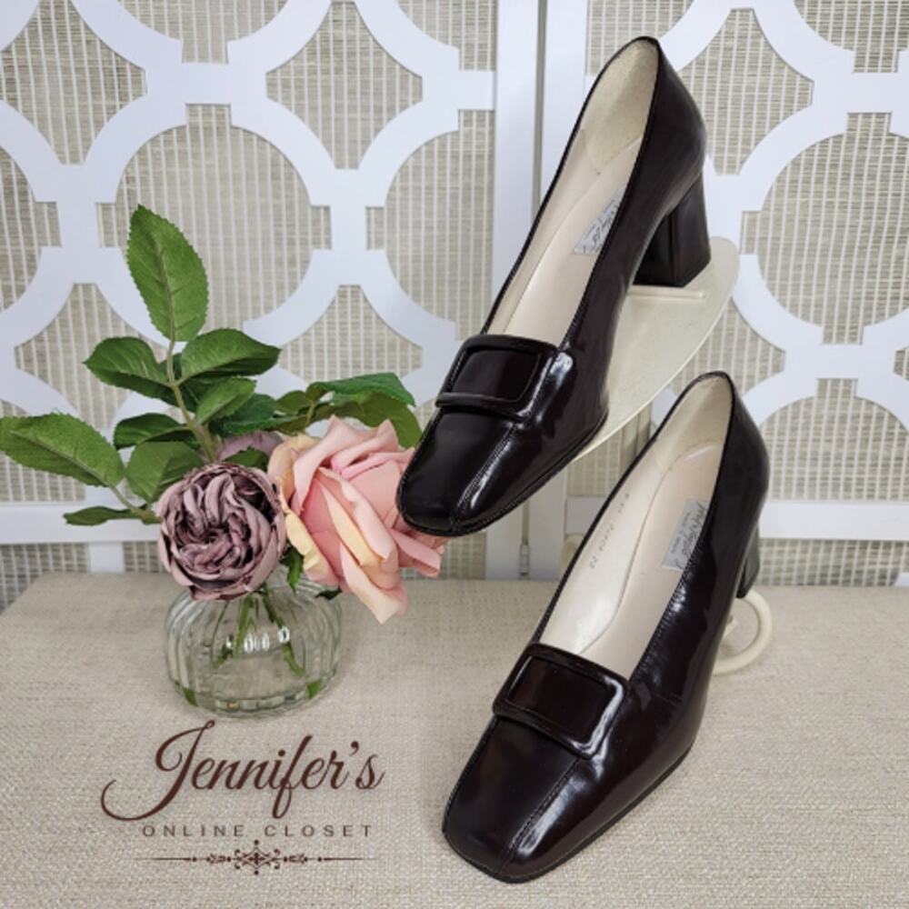 Lord & Taylor Women's Brown Patent Leather Buckle Block Heel Pumps Size 9.5